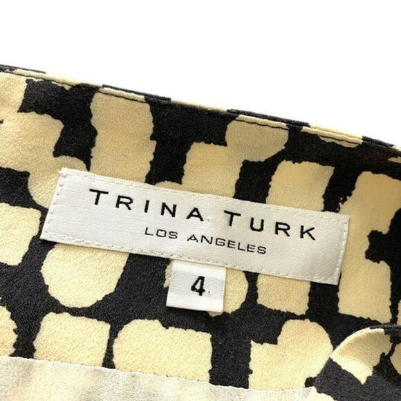 TRINA TURK Tie Collar Dress Size 4 Grey Cream‎ Pleated Classic Button Print - Picture 6 of 6
